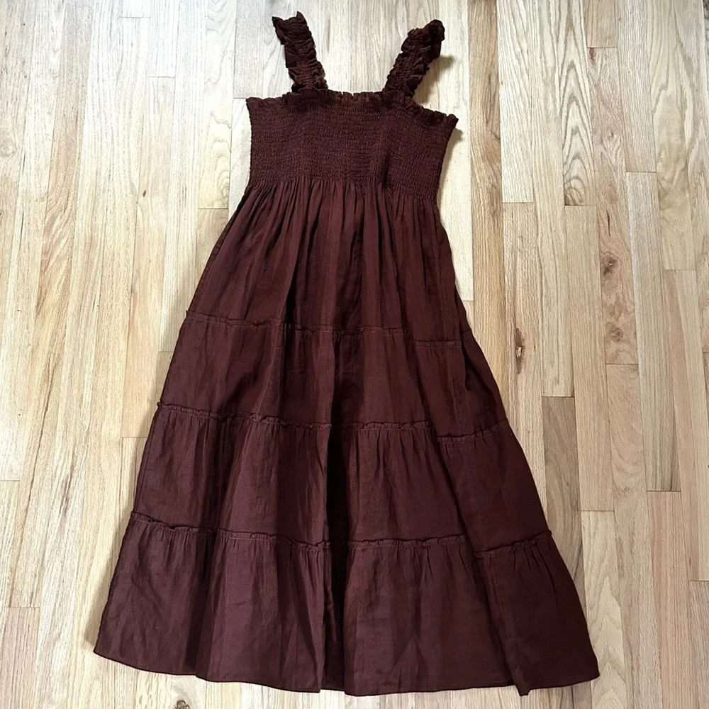 QUINCE european linen smocked midi dress chocolate brown nap dress size XL - Picture 6 of 15